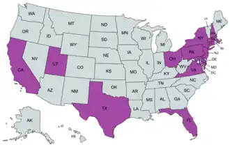 A labeled map of the United States, highlighting the states of New Jersey, New York, Pennsylvania, California, Connecticut, Delaware, Florida, Maryland, Massachusetts, New Hampshire, Ohio, Texas, Utah, and Virginia.