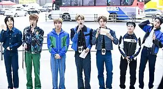Trendz busking in Gangnam, April 2023 From left: Havit, ra.L, Leon, Hankook, Eunil, Yechan, Yoonwoo