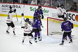 Jenner (far left) celebrates after Ottawa scored against the Minnesota Frost, March 2024