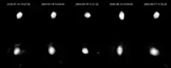 upright=Lightcurve-base 3D-model of Emma on the top with an image of the asteroid on the bottom.