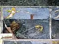 Fresco in the Baptistery of the Cathedral of Padua, 14th century by Giusto de' Menabuoi (Apocalypse). Angel sounding the second trumpet in an apocalypse-themed painting, using a buisine.