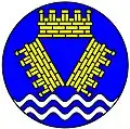 Badge of Merseyside Metropolitan Council (England): On a roundel azure three mural crowns conjoined in pile [merlons outwards] or, in base two barrulets argent.