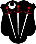 Pawlets (England): Sable, three swords in pile, points in base, argent, hilted gules, a crescent for difference.