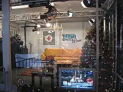 Studio with Christmas tree and golden-yellow couch