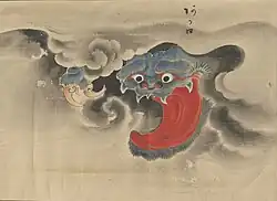 4 Akaguchi (赤口) is a yōkai from the northwestern region of Aomori prefecture.[20] This yōkai resides in an amorphous black cloud, baring visibly its komainu (Japanese lion-dog) face and large claws. Its face and claws are covered in thick blue hair. It is distinguished by its large red mouth and tongue.[21] Akaguchi is portrayed above a floodgate due to its association with the use of water in a farming country.[22] Though some sources say Akaguchi is simply an omen of bad luck, others represent Akaguchi as a protective spirit.[23][22] During droughts, some would siphon above the allotted amount of water for their personal fields, which was a crime that could cost neighboring farmers their livelihood. The perpetrators of this crime not punished by law would be punished by Akaguchi. Akaguchi would appear and eat them alive.[24] Akaguchi is more commonly known by the name Akashita.[22] This alternate name uses the characters meaning "red tongue" 赤舌 instead of "red mouth" 赤口 and parallels the name of the god Shakuzetsujin 赤舌神 found within a traditional Japanese esoteric cosmology called Onmyōdō 陰陽道 (The Way of Yin and Yang).[23][22]