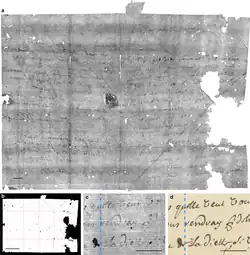 Virtual unfolding results for unopened letter DB-1627 (a, b) and opened letter DB-2040, showing a XMT-textured image after virtual unfolding