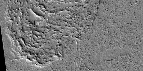 View of a lava lobe, as seen by HiRISE under HiWish program. The box shows the size of a football field.