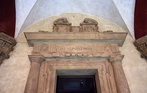 Renaissance bucrania on an entablature of the Palazzo d'Accursio, Bologna, designed by Fioravante Fioravanti, 15th century
