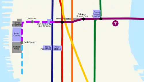 A map of the subway extension, showing that the extension goes from Times Square to the intersection of 11th Avenue and 34th Street.