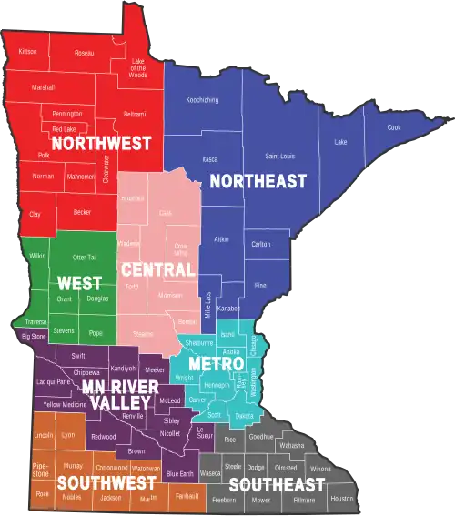 Map of Minnesota with the regions Northwest, Northeast, West Central, Southwest, Metro, South Central, and Southeast labeled.