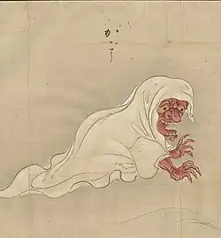 9 Gagō (がごう) or Gagoze (元興寺) is a reiki, or demon ghost, which according to legend inhabited the bell tower of Gangō-ji, a temple in Nara Prefecture from which its name is derived. It wears a robe and crawls across the ground. According to legend, it would emerge at night and kill apprenticed children at the temple until a boy with exceptional strength decided to stop it. The boy waited at night for Gagō to appear, then grabbed it by the hair with his firm grip. The monster struggled so hard that the scalp tore from its head and it fled. Following the blood trail to a grave, the temple priests discovered that the ghost of a wicked servant of the temple had become Gagō. It never appeared at Gangō-ji again.[34][35] p