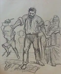 Drawing depicting a bearded man in trousers and shirt holding a small moustachioed man in military uniform.