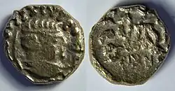 A coin of a silver drachma of the satrap Rujuvula who governs the Jammu in India from ca 10/1 BC to 1/10 AD for the Indo-Scythians. A / Diademed bust of the satrap to the right in stereotyped style. Greek inscription BASILEPS SPTROS around. R / Pallas left and inscription Chatrapasa apratihatachakrasa in Kharoshti around, control mark in the field. Dimension: 13&nbsp;mm Weight: 2.42 g. Workshop of Jammu.