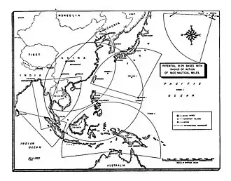 A black and white map cantered on eastern China, northern Australia, eastern India and all of southeast and east Asia. The map displays the potential bases in the range of the targets using circular arcs