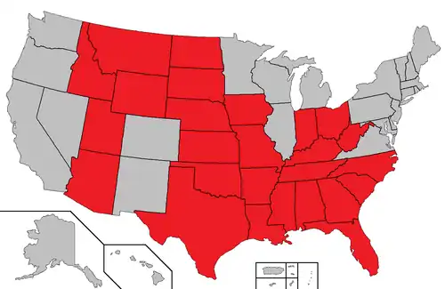 A map of states affected by the California state-funded travel ban, highlighted in red, before its repeal in September 2023