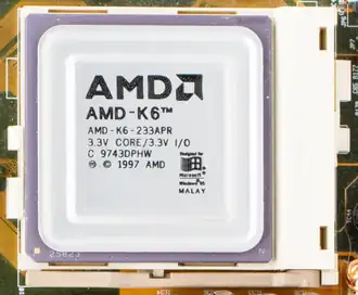 An AMD-K6-233 on a Socket&nbsp;7 motherboard