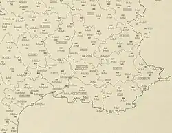 Map of France, showing several villages marked within départements, each with a different phonetic pronunciation of a word.