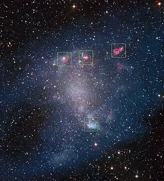Composite image from data by 2.2-meter MPG/ESO and ALMA with star-forming regions identified.[10]