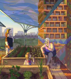 Rooftop community gardens are a common theme in solarpunk art[18][19]