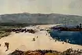A beach in the Dardanelles with soldiers unloading medical supplies from a ship to Red Cross trucks (1915)