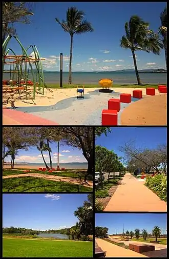 Top: Playground at Bowen Foreshore, Middle left: Bowen Foreshore, Middle right: Walkway along Santa Barbara parade, Bottom left: Muller's Lagoon, Bottom right: Bowen Skatebowl