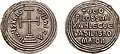 Miliaresion struck by Theophilos (r. 829–842) featuring the early cross potent design on the obverse begun by Leo III, with invocative phrasing on the reverse. This classic design persisted until the reign of Leo VI the Wise (r. 886–912).