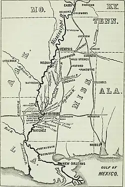Map of the lower Mississippi Valley. Cairo, Illinois is at the top of the map, with the river cities shown further south being Memphis, Tennessee; Helena and Napoleon in Arkansas; Vicksburg and Natchez in Mississippi; and Port Hudson, Baton Rouge, and New Orleans in Louisiana.