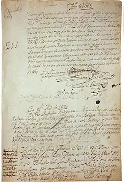 Manuscript page from "Libro de professiones y elecciones de prioras y vicarias del Convento de San Gerónimo", 1586–1713, which Sor Juana signed in ink and her own blood.