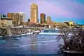 View of downtown Minneapolis from the Stone Arch Bridge.