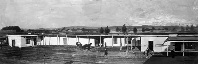 Abel Sterns adobe c. 1857. Built in 1835-1838, demolished in 1877 to make way for the Baker Block