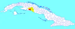 Abreus municipality (red) within Cienfuegos Province (yellow) and Cuba