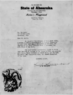 Absarokan Decleration of Statehood from A. R. Swickard to Tom Davis of Rotary International