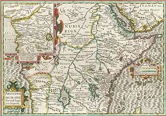 A engraved map of central Africa. The map shows numerous towns and rivers throught the continent. The map contains some geographic inaccuracies, indicating it is old and prepared before the modern era.