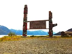Carved welcome poles in Haines, Alaska