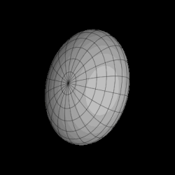 Digital rendering of a dark gray ellipsoid, representing the known shape and color of Achlys.