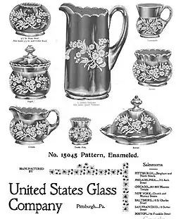 advertisement for fancy glassware with list of cities with salesrooms