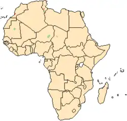 Map of Africa, showing a highlighted range (in green) in three areas in Mauritania, Niger and Chad