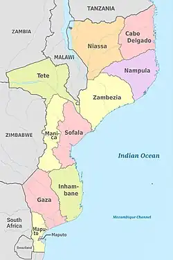Map labeled with Mozambique's administrative divisions