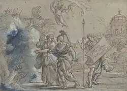 Aeneas, wearing armor, and the Sibyl, a woman in a priestess's cloak, enter a dark cave at the left of the image. A flying figure is above them, and an armed man recoils away to the right.