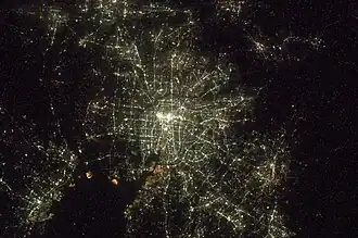 An aerial photograph of Nagoya at night