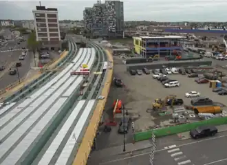 An overhead view of a partially built elevated railway station