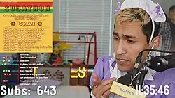 A twitch streamer in a maid costume eats butter during a subathon; in the bottom, there is a timer and a subscription counter