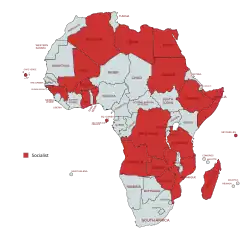 This map shows the 35 countries that adopted some form of socialism on the African continent from the 1950s to the 1980s using modern boundaries.