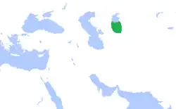 Map showing the territory ruled by the Afrighid dynasty (highlighted in green), abutting the southern shore of the (former) Aral Sea