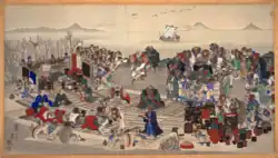 (6) The festivities after the iomante. The villagers regale themselves in carousal and dance. At the head seat (kamiza) nearest the altar sits the shihainin (manager) of the basho&nbsp;[ja] commerce center. An Ainu-e by Hirasawa Byōzan&nbsp;[ja] (1875).