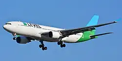 Logo for the Level airline brand, consisting of a two-color square in blue and green, and the word "Level" written in black all-capitals text.