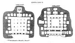Cave 6: a two-storey monastery with "Miracle of Sravasti" and "Temptation of Mara" painted[73]