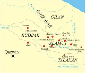 Location of several of the Ismaili castles in the regions of Alamut and Rudbar in Persia