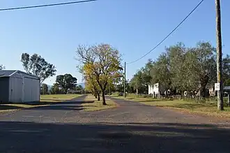 A street in Parkville. The Rural Fire Service shed is to the left