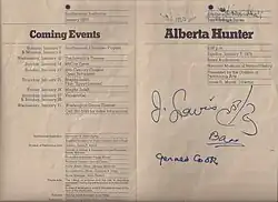 Program guide for Alberta Hunter's January 7, 1979 performance at the Baird Auditorium.